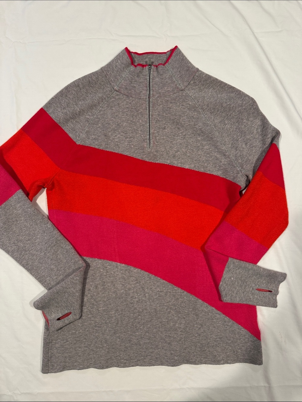 Krimson Klover Gray Half-Zip Sweater with Red and Pink Stripes